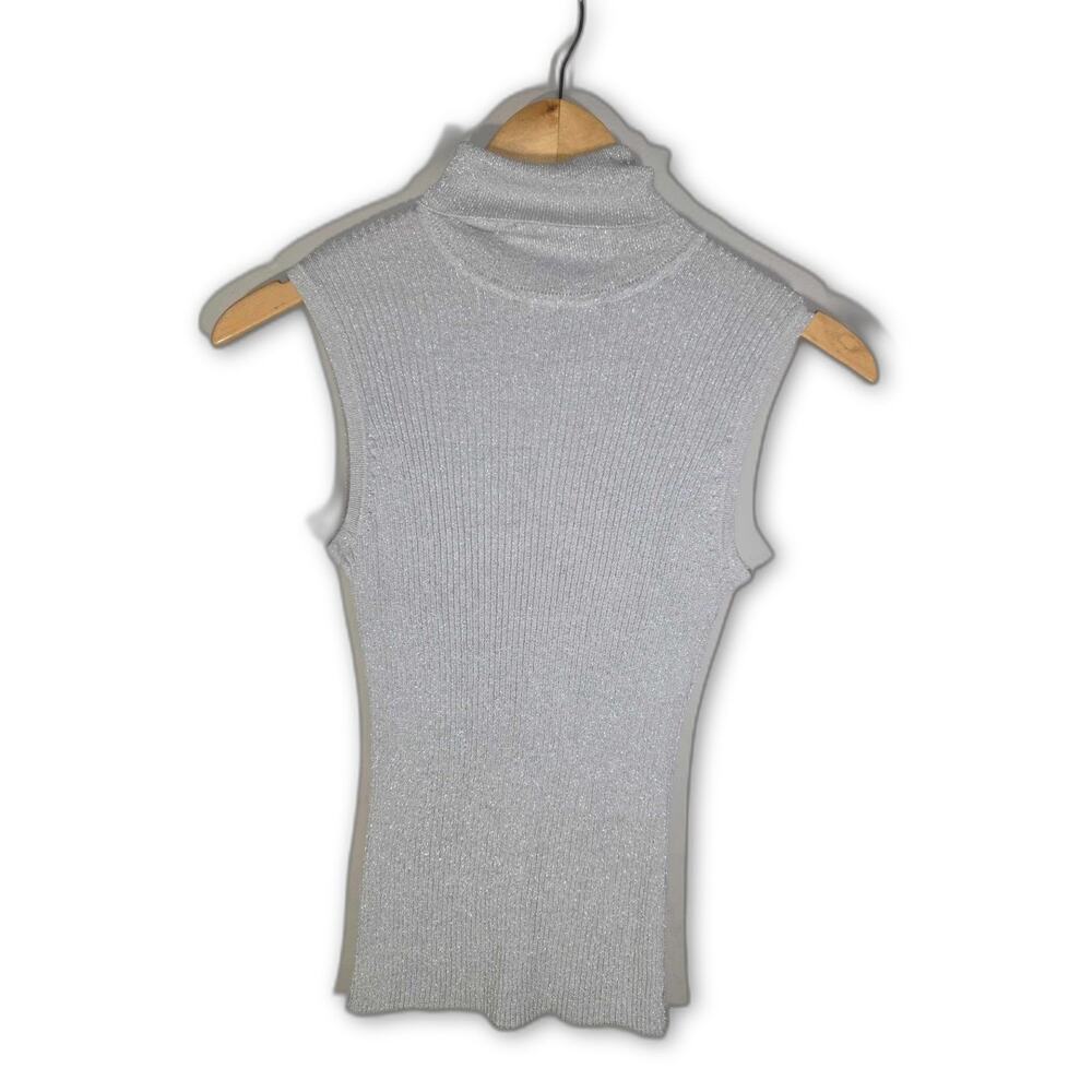 D.E.A. Women's Silver Metallic Ribbed Sleeveless Turtleneck Knit Top Size L